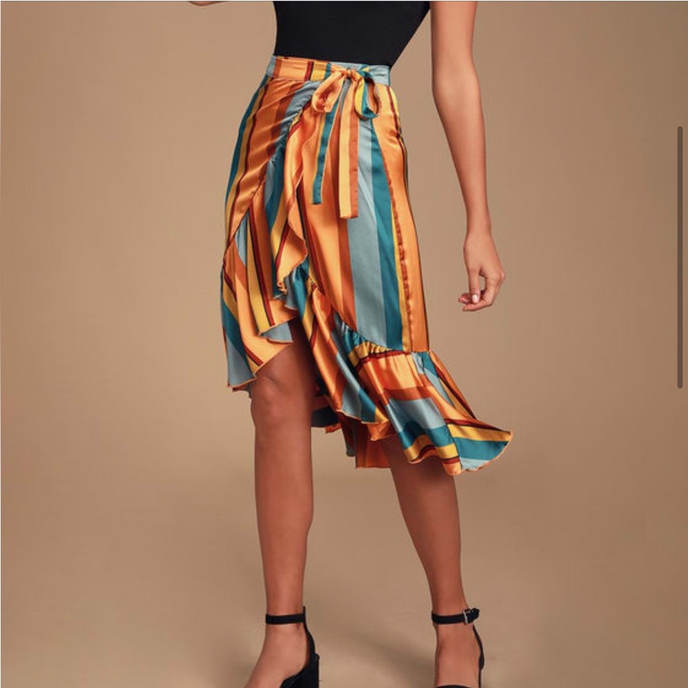 Lulus satin striped orange and blue midi wrap skirt